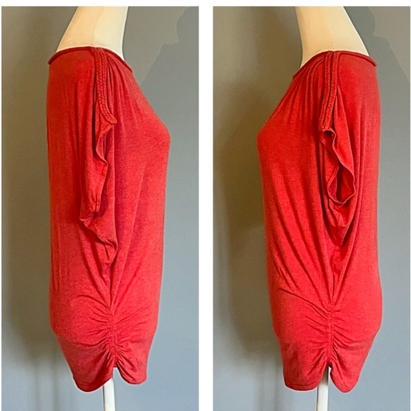 MAX STUDIO M BOATNECK DOLMAN SHORT SLEEVE KNIT TOP side RUCHING RUST FLATTERING - Picture 3 of 8